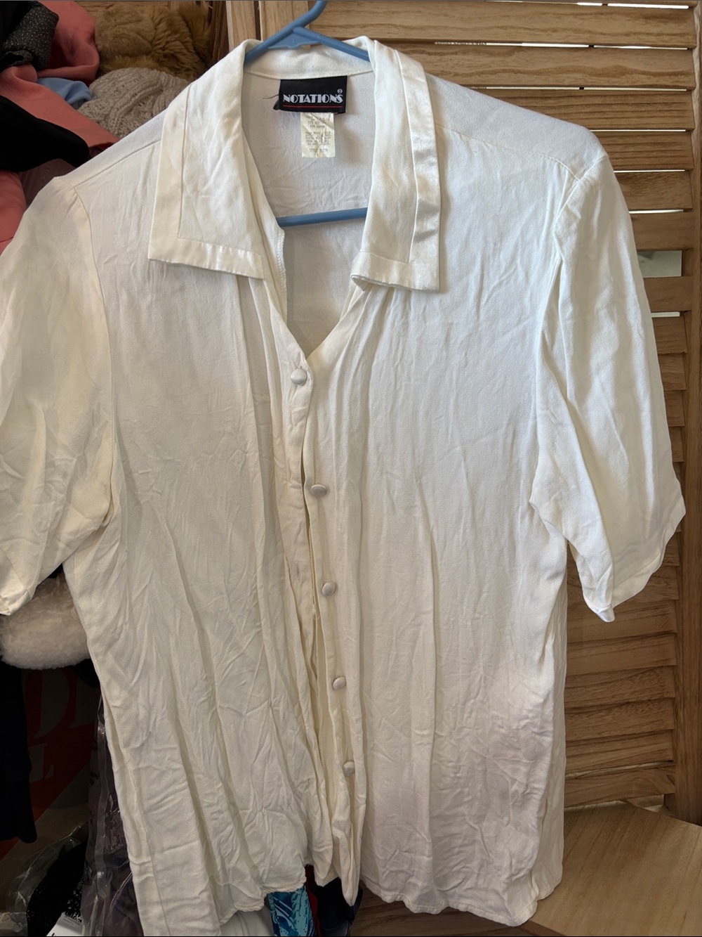 Notations White Short-Sleeve Satin Trim Button-Down Shirt Large
